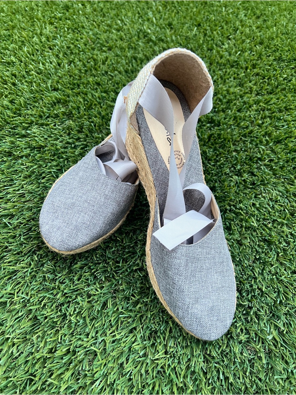 Grey Espadrille Wedge Sandals with Ribbon Ankle Tie